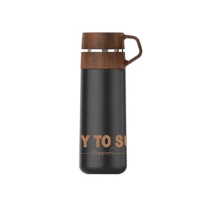 Image of wooden printing style lid stainless steel thermos with cup camping outdoor coffee water vacuum flask