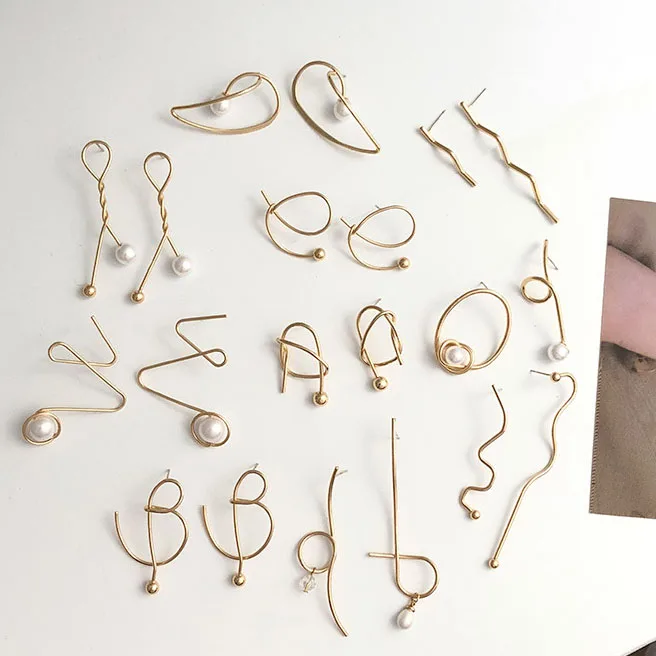 

S925 Ear Post Crooked Gold Wire Asymmetric Earrings Minimalist Pearl Earrings