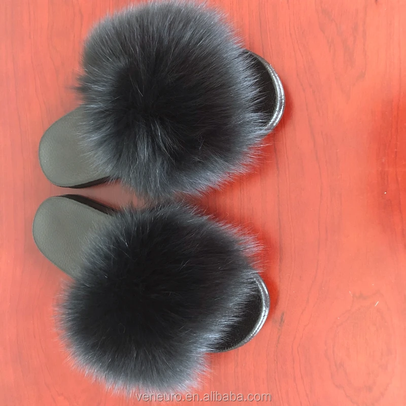 

Fashion Design Women Real Big Fox Black Fur Sandal Soft Furry Slipper, Customized color