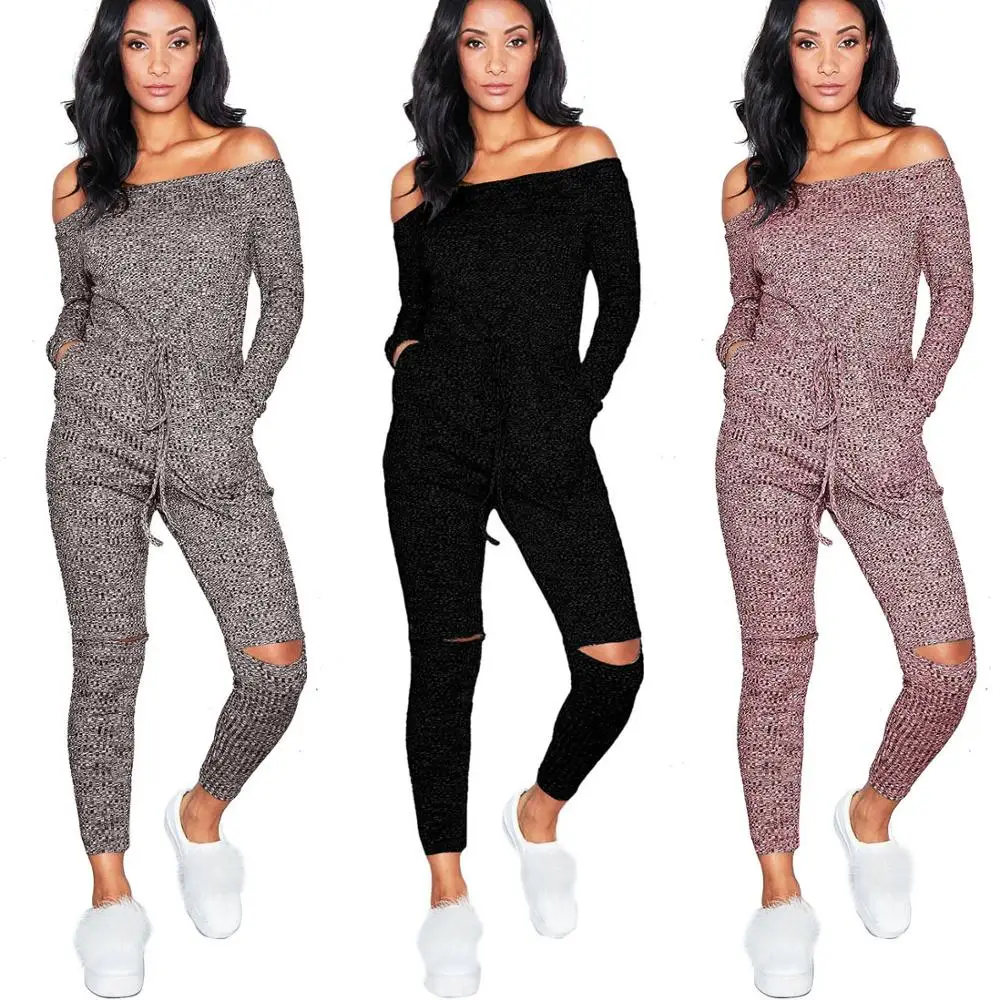 

FM-M666 Stylish Off Shoulder Long Sleeves One Piece Sport Jumpsuit Plus Size Hole Pants, As pictures