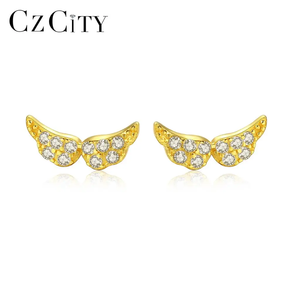 CZCITY 925 Sterling Silver Unique Wing Design Stud Earrings for Women Zirconia Jewelry