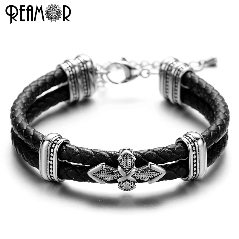 

REAMOR 3 Modle Cross Style Charm Trendy Bracelets 316L Stainless Steel Adjustable Chain Double Braided Leather Rope Bangles Men
