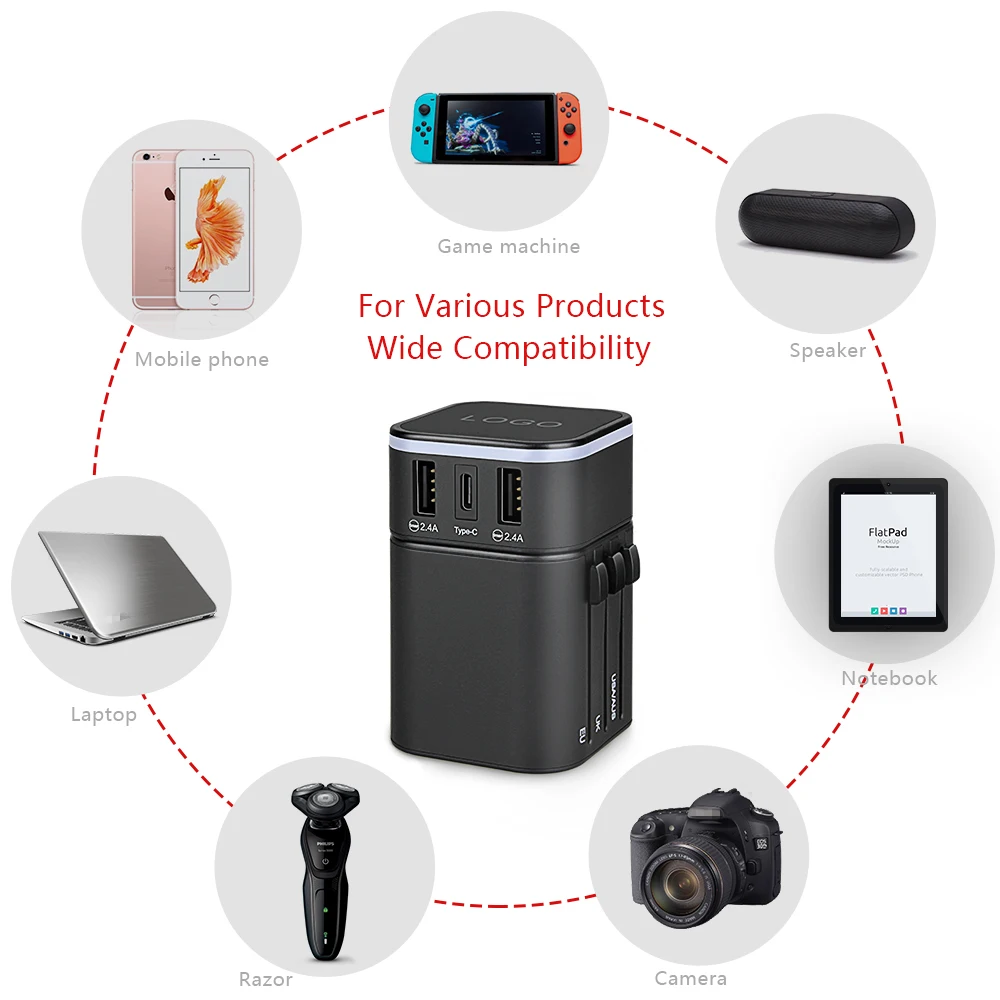 
Newest 3USB port world travel adapter USB C quick charger socket with AUS EU UK US plug outlet 