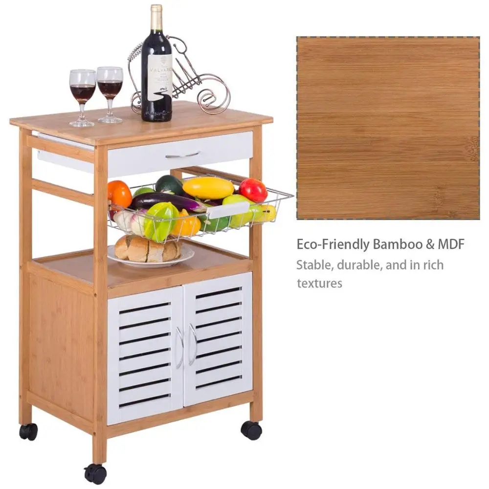 
Kitchen Cart Rolling Trolley Cart Island Bamboo Top With Storage Drawer Basket Cabinet Truck Kitchen 