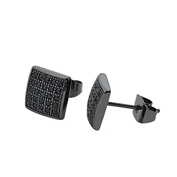 925 Sterling silver Cheers Life Square Black Cz Diamond Post Stud Earrings for Men 8mm