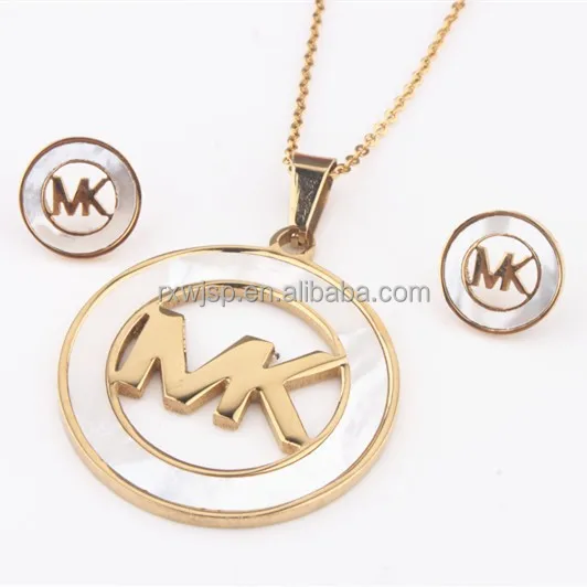 new wholesale hot selling stainless steel letter earrings and pendants necklace mop wedding jewelry sets