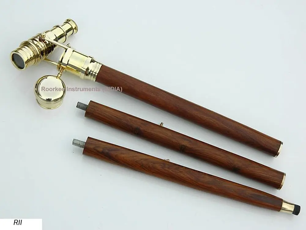 Walking Telescope Handle Cane Brass Wooden Stick Folding Hidden Spy Authentic