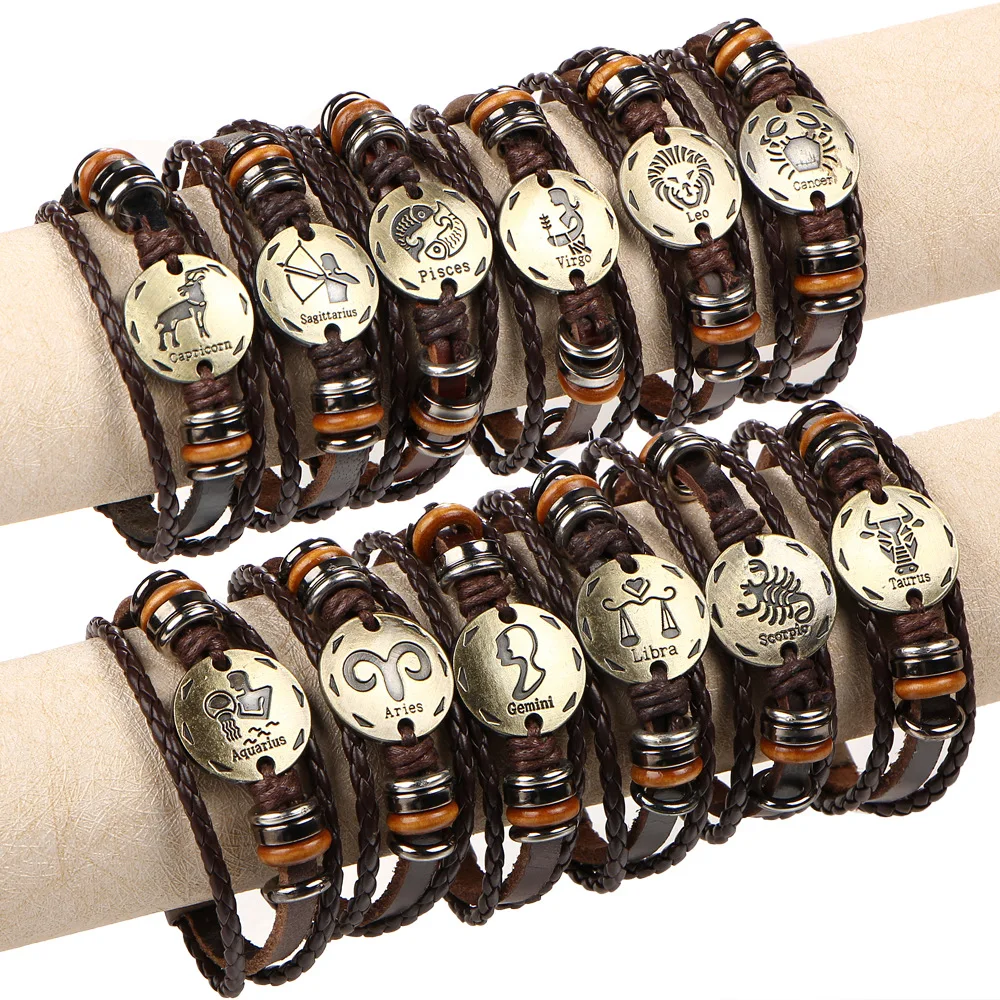 

Classic Style Leather Zodiac Sign Bracelet Metal Plate Alloy Zodiac Charm Bracelet For Men And Women