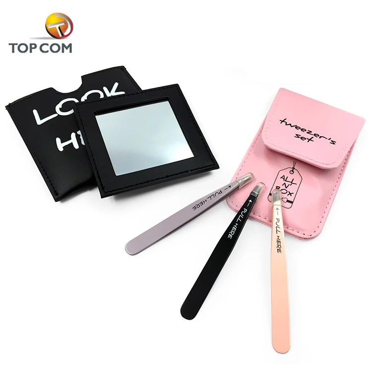 

Slant Tip and Pointed Eyebrow Tweezers Set With Mirror, Pink and black