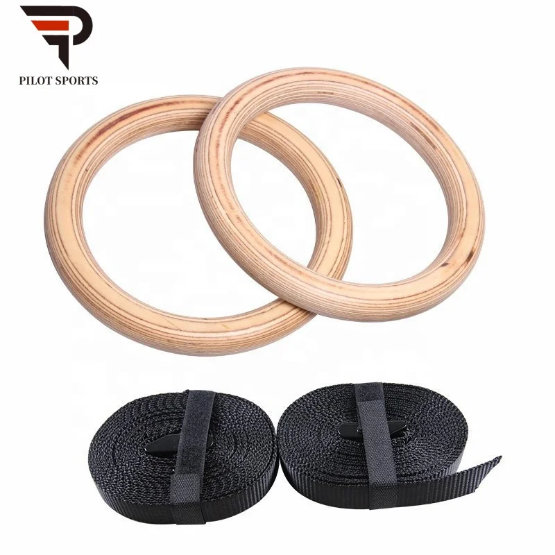 

Gymnastic Wooden Rings Cross Fitness Training Nylon Strap Gym Gymnastic Rings, Black and wooden