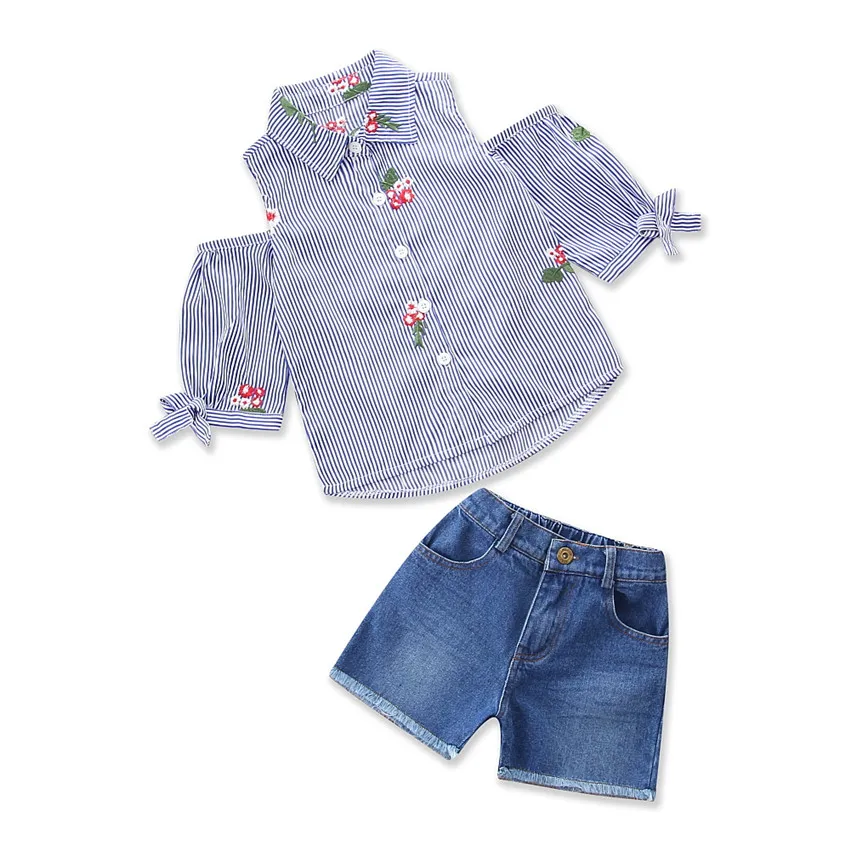

Kids Baby Girls Clothes Sets Tops Shirts Blouse Flower Striped Shirts Denim Shorts Jeans Summer Clothing Sets Girl Outfits, Blue