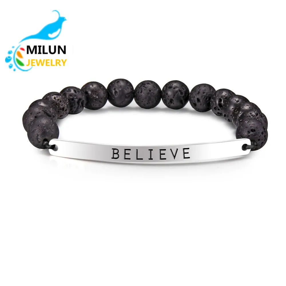 

Custom Logo New fashion stainless steel jewelry lava beads Believe charm stone bracelet men, Picture