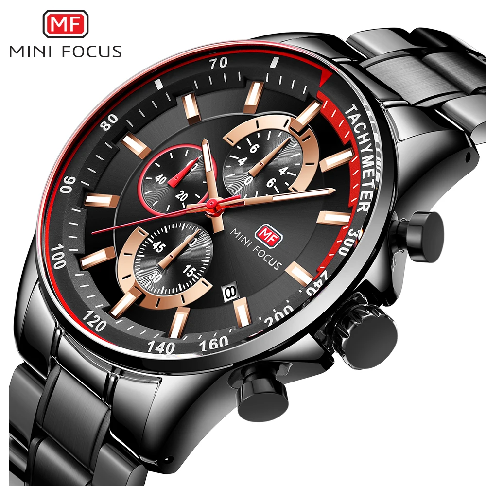 MINI FOCUS MF0218G Men's Quartz Watches Stainless Steel Strap Waterproof Chronograph Business Waterproof Wrist Watch