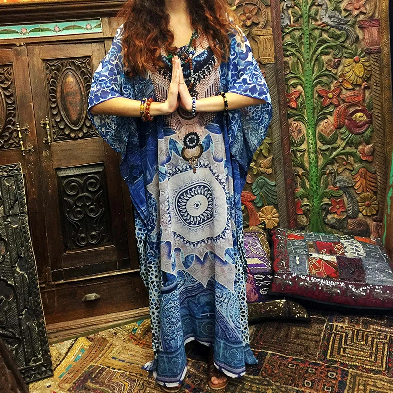 

Folk Custom Loose Cotton Maxi Salida De Playa Kaftan Floral Beach Dress