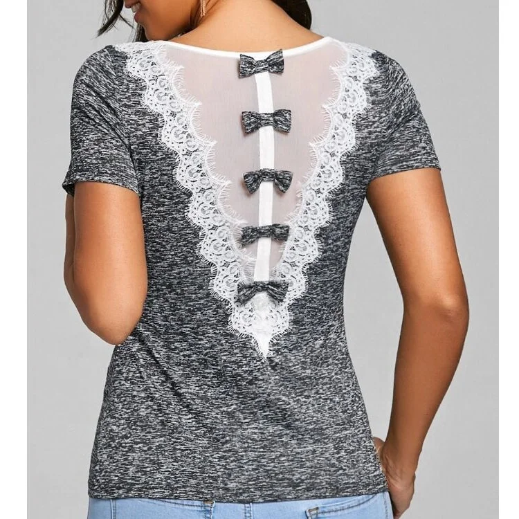 

Wholesale Sexy Fashion Monogram Women Lace Bowknot T-Shirts, As shown in figure