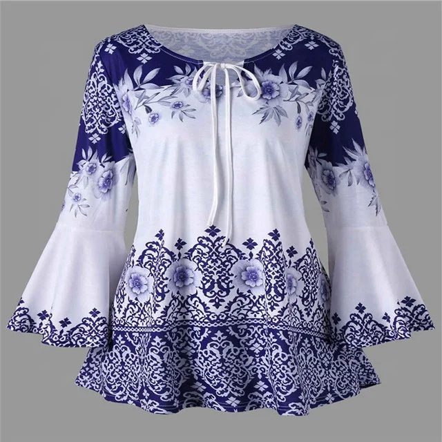 

2019  New Women Fashion Long Sleeve Blue and White Vintage Porcelain Flower Blouse pull over