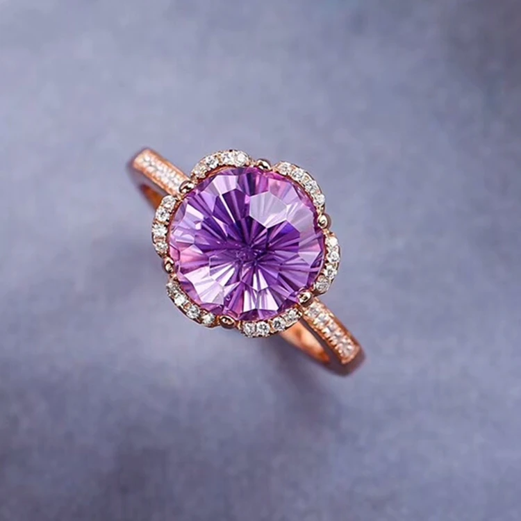 

wholesale trendy adjustable gold plated 925 sterling silver natural crystal purple amethyst ring for women engagement