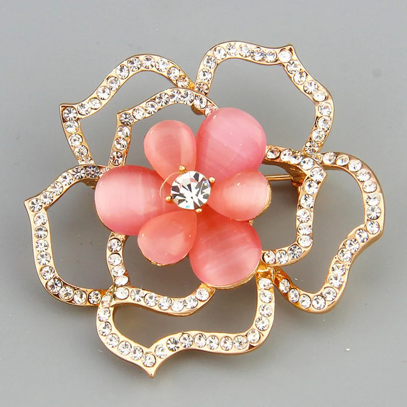 

flower shaped pink opal brooches rhinestone brooches, Colordul