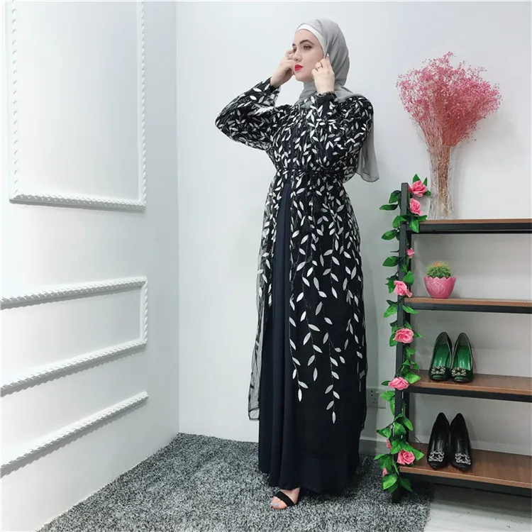 

Popular Style abaya full embroidery designs leaf pattern mesh muslim dresses ladies abaya, Black,wine red,gray,blue, pink,gold,black gray,dark gray