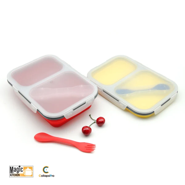 2-Compartment Collapsible Silicone Lunch Box Food Storage Container With Fork Spoon