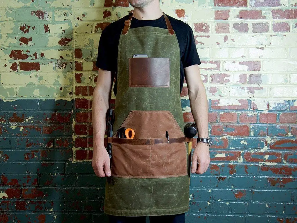 Green Canvas Apron for Serving, Painting, Grilling, Gardening, Woodworking