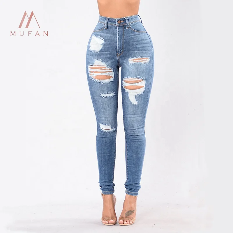 Wholesale 2019 women high waist ripped stretched fashion hot sale skinny denim jeans