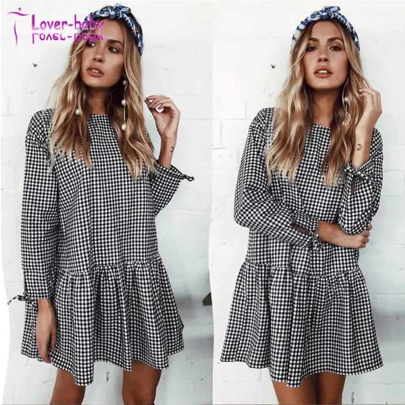 

Women Autumn Grid Plaid Printing Dress Long Sleeve Party Dress