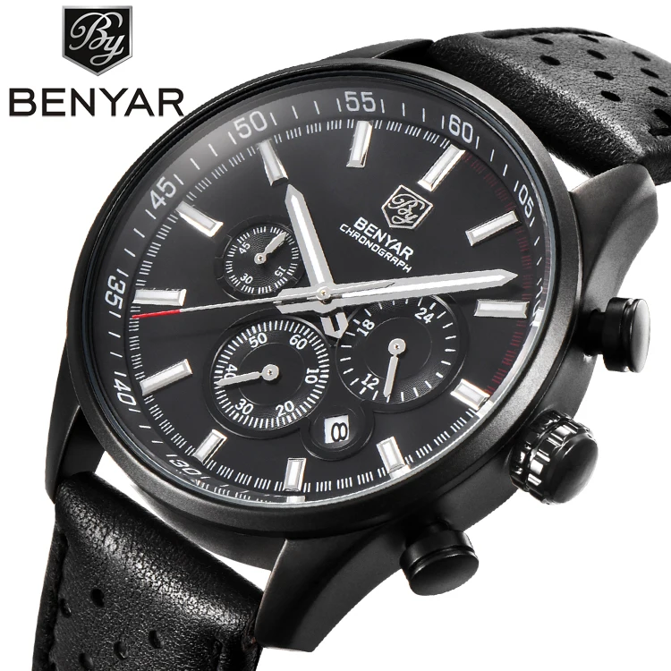 

BENYAR BY 5108 Sport Chronograph Watches Men Luxury Waterproof Genuine Leather Quartz-watch erkek kol saati Relogio Masculino