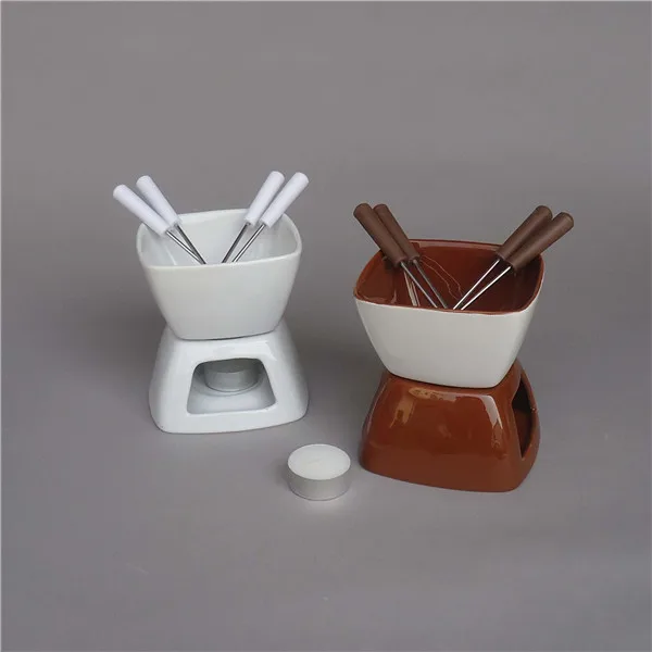 New design plain white divided hot chocolate pot candle ceramic  chocolate fondue 
