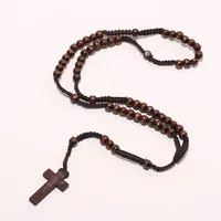 

Women Men 8mm Rosary Bead Necklace Catholic Christian Jesus Wood Cross Rosary Necklace