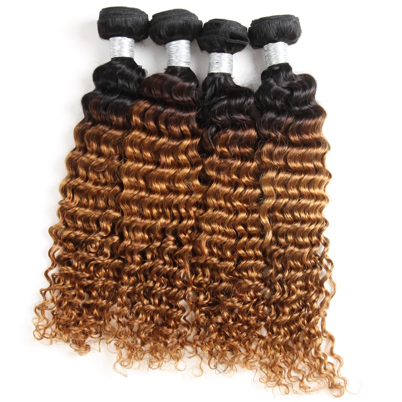 

8A Grade Ombre T1B/30 Brazilian Deep Wave 4Pcs Remy Virgin Human Hair Two Tone Hair Extension Tangle Free, #1b#30
