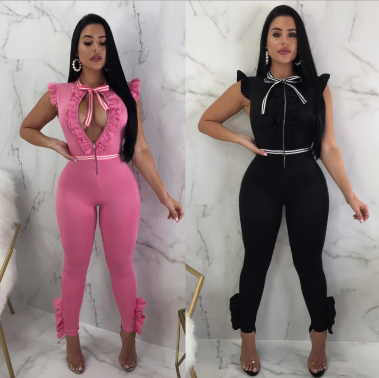 

2019 Women Black Sexy Jumpsuit Sleeveless Ruffles Front Zipper Sheath Romper Summer Bow Tie Full Length Pink Long Catsuits