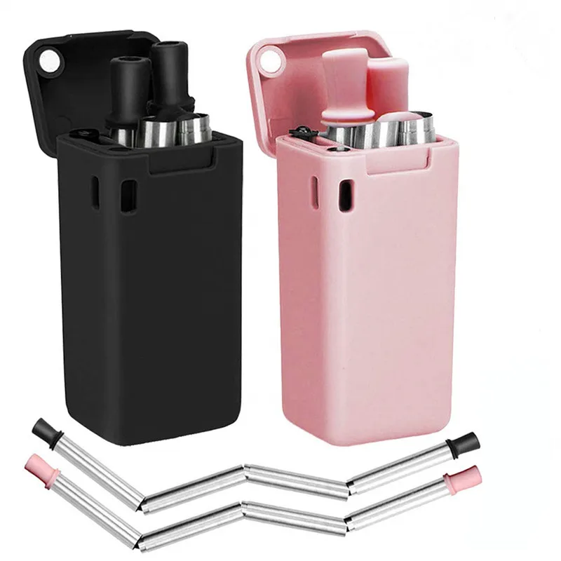 

2 pack collapsible reusable foldable food grade silicone drink straw, Black/siilver/grey/blue/green/pink/gold