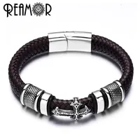 

REAMOR 12mm Width Braided Leather Men Bracelets 316L Stainless Steel Cross Charms Cuff Bracelets Bangles Trendy Male Jewelry