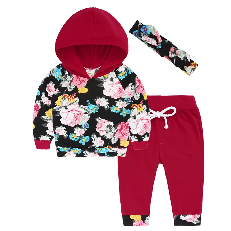

Newborn Baby Girls Clothes Floral Hoodie Tops T-shirt+Cotton Pants+Headband 3pcs Suit Newborn Baby Girls Clothing Sets, Black+red