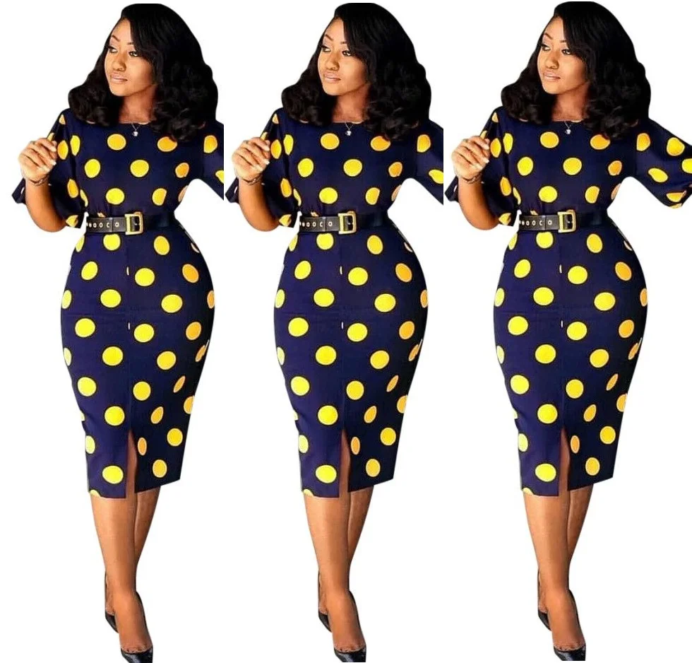 9S00516 Fashion casual summer office elegant woman polka dot lantern sleeve midi dress with round neck