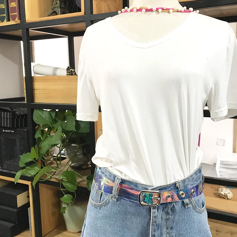 
factory new designer fashion transparent PVC woman belt reflectcolorful shiny slimming thin belt plastic women jeans belt custom 