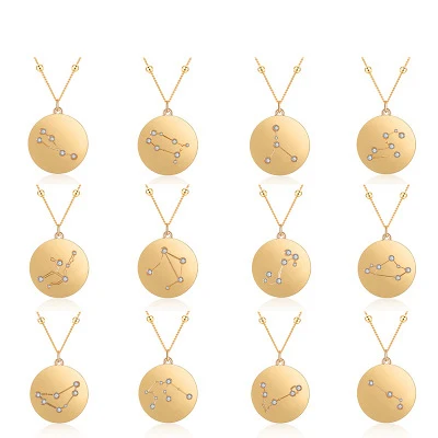 

18K Gold Plated Zodiac Coin Choker Necklace 12 Constellatory Pave CZ Copper Astrology Bead Chain Necklace Jewelry for Women