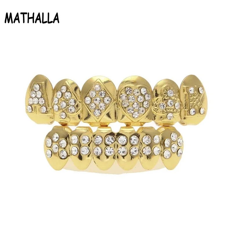 

Body Jewelry Poker Shape Iced Out Full Diamond Teeth Grillz Set Men's Hiphop Mouth Decoration Accessories, Gold;silver
