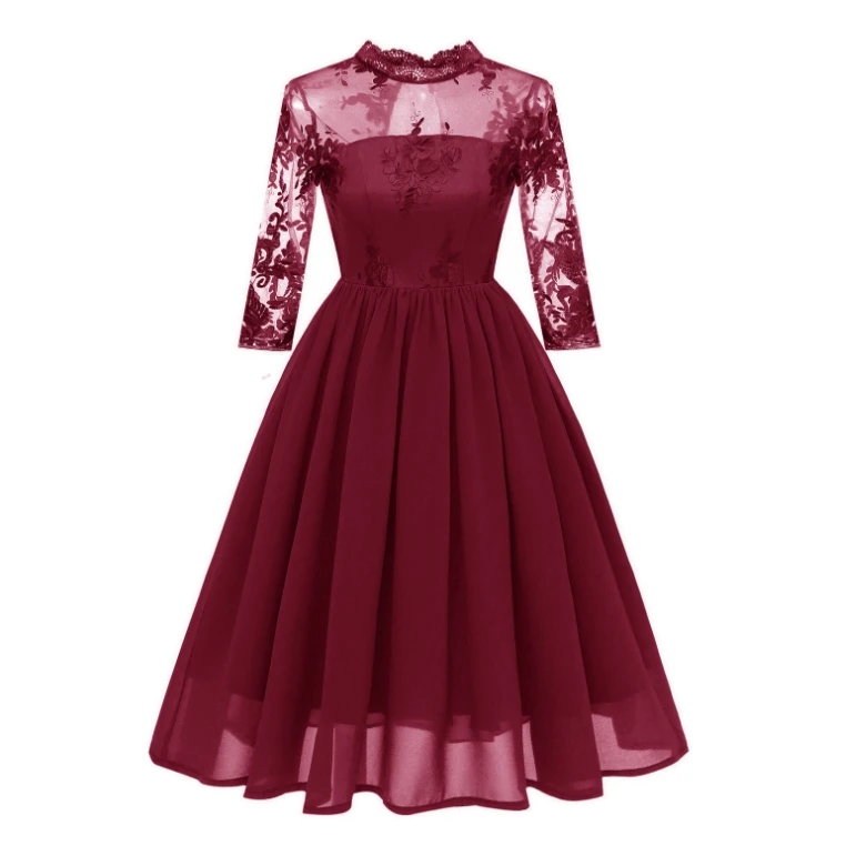 

Elegant Turtleneck A-line Women Dress Patchwork Hollow out Rockabilly Swing Autumn Wedding Party Chiffon Lace Dresses