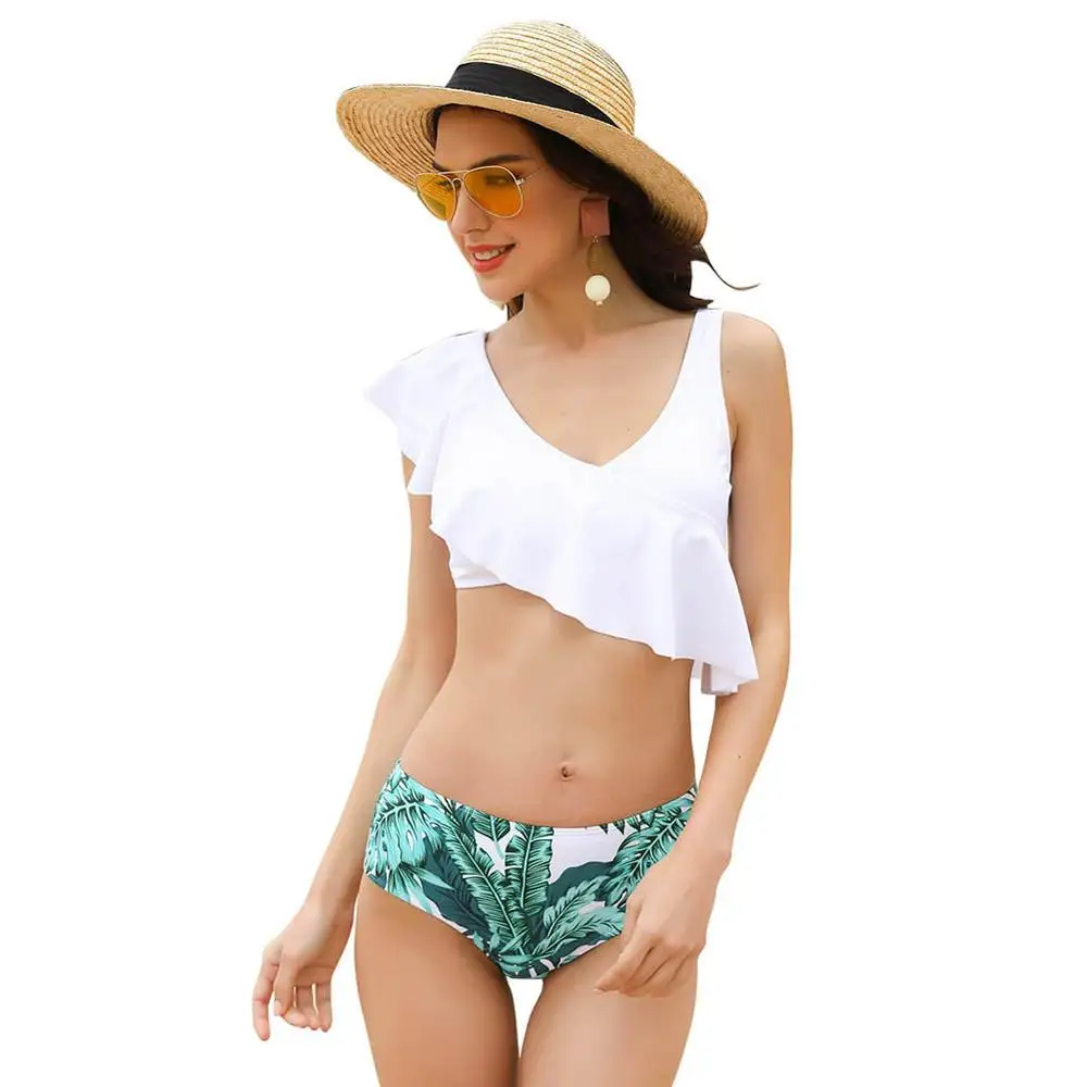 

2019New Awesome White Plunging Two Pieces Beachwear Leaf Pattern Bikini Swimwear Beachwear