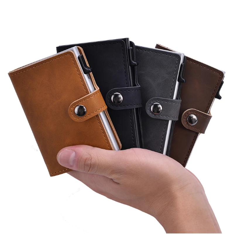 

Metal PU leather card case RFID blocking credit card holder pop up business card wallet logo customized, Black, light brown, dark brown, grey, black with red case