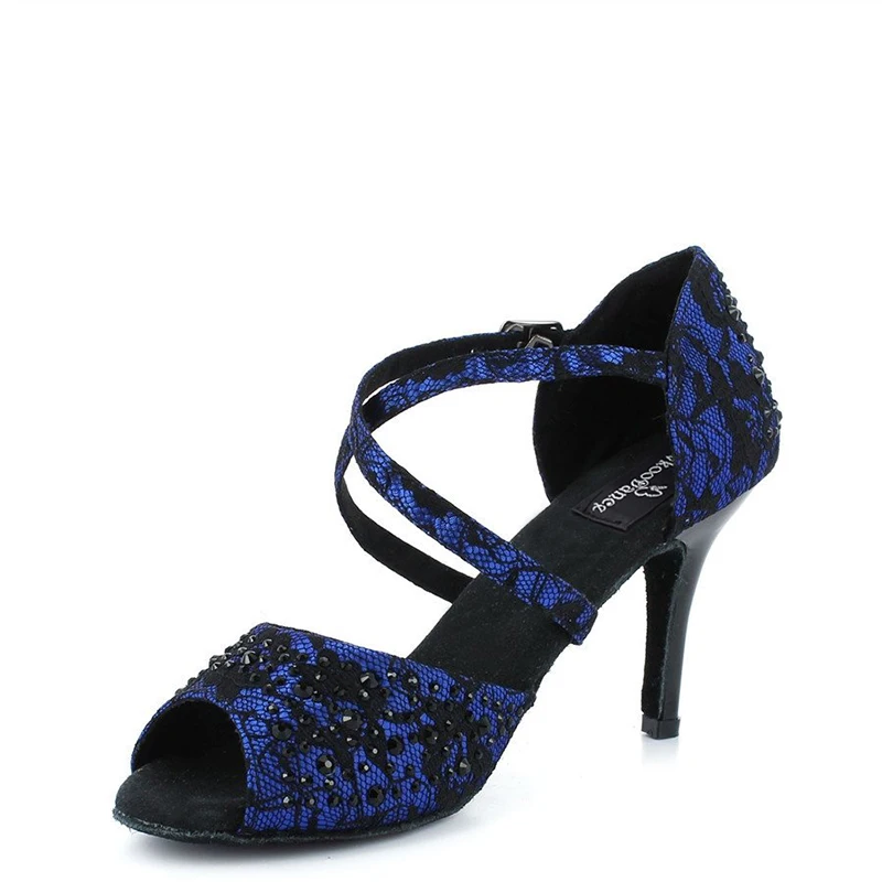 

EVKOO ballroom salsa shoes Blue Lace Dance shoes With Customized Heel, Red/black/beige/brown