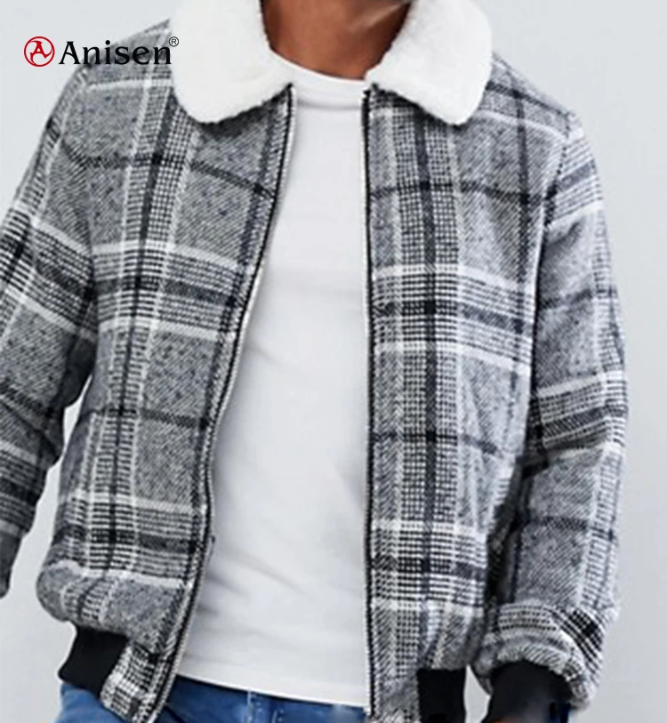 

2019 china new style flannel f/d twill fabrics check woolen yarn dyed sherpa collar plaids men jacket, Customized color