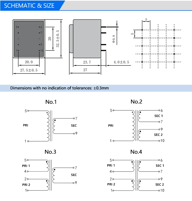 Schema size. 4 Pin Encapsulated Step down PCB Transformer.