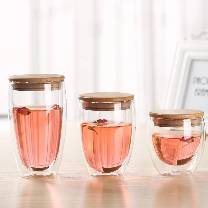 

Double glass cup with bamboo cover, Transparent clear