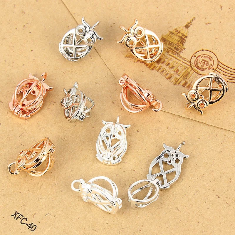 

4 Color Plated Color Hollow Cute Owl Oyster Pearl Cage Lockets Perfume Essential Oil Diffuser Cage Pendant Jewelry Charms