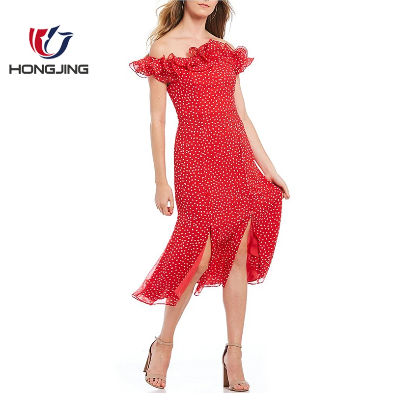 off the shoulder fit and flare midi dress