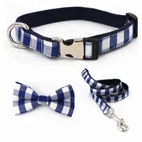 

Personalized Cotton Laser Blue Tartan Dog Collar and Leash With Bow