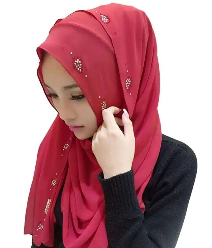 Chiffon Hijab Muslim Rhinestone Pattern Hijab Shawls Full Cover Turban Women Instant Hijab 0367